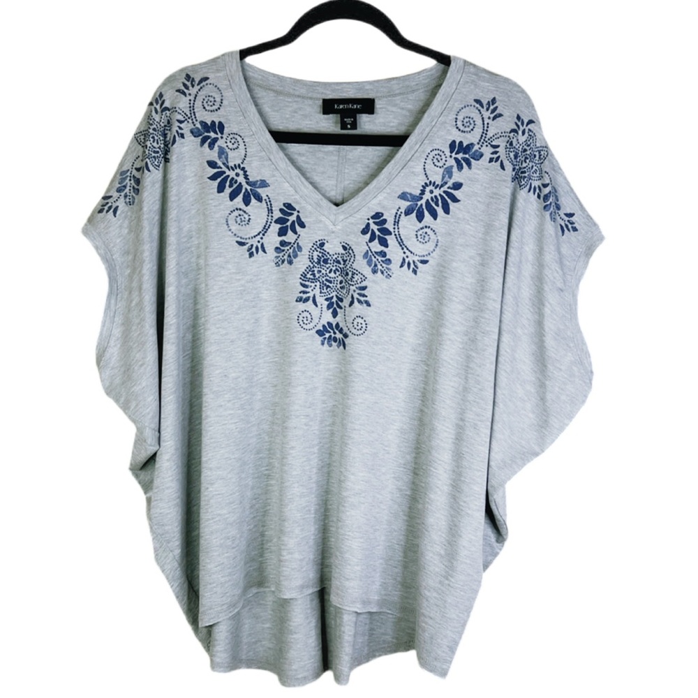 Karen‎ Kane Dolman Sleeve Top Graphic V-Neck Design Relaxed Fit Gray Small